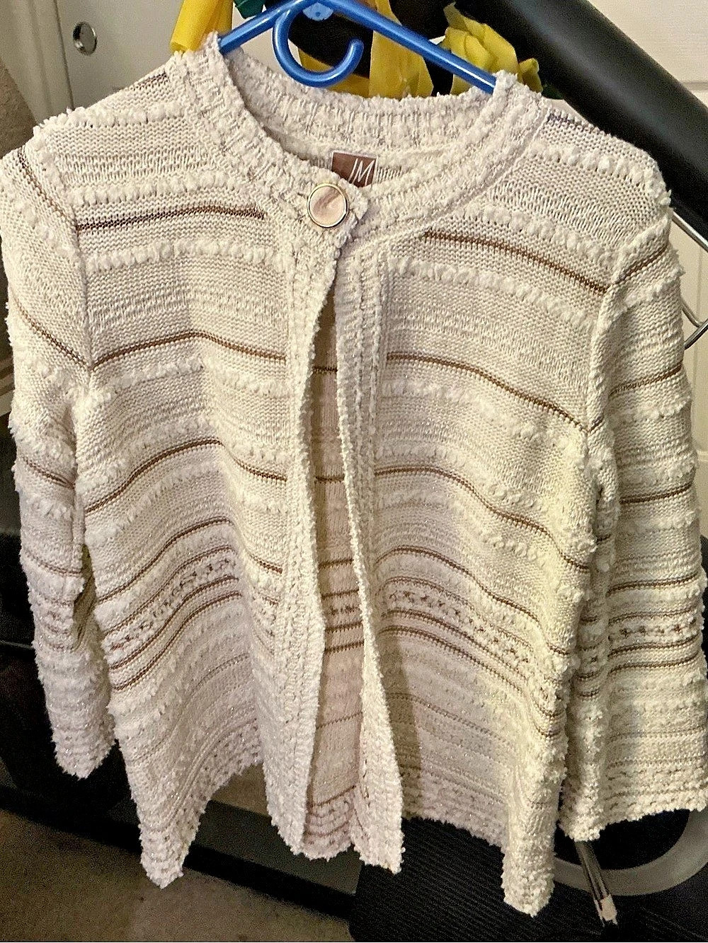JM Collection Petite Metallic Mixed-Stitch Cardigan Sweater Cream Medium